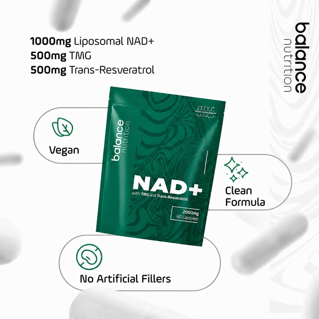 NAD+ with Trans Resveratrol & TMG, 2000mg Liposomal Supplement, 60 Capsules for Cellular Repair & Energy Metabolism, Supports Healthy Ageing - Image 2